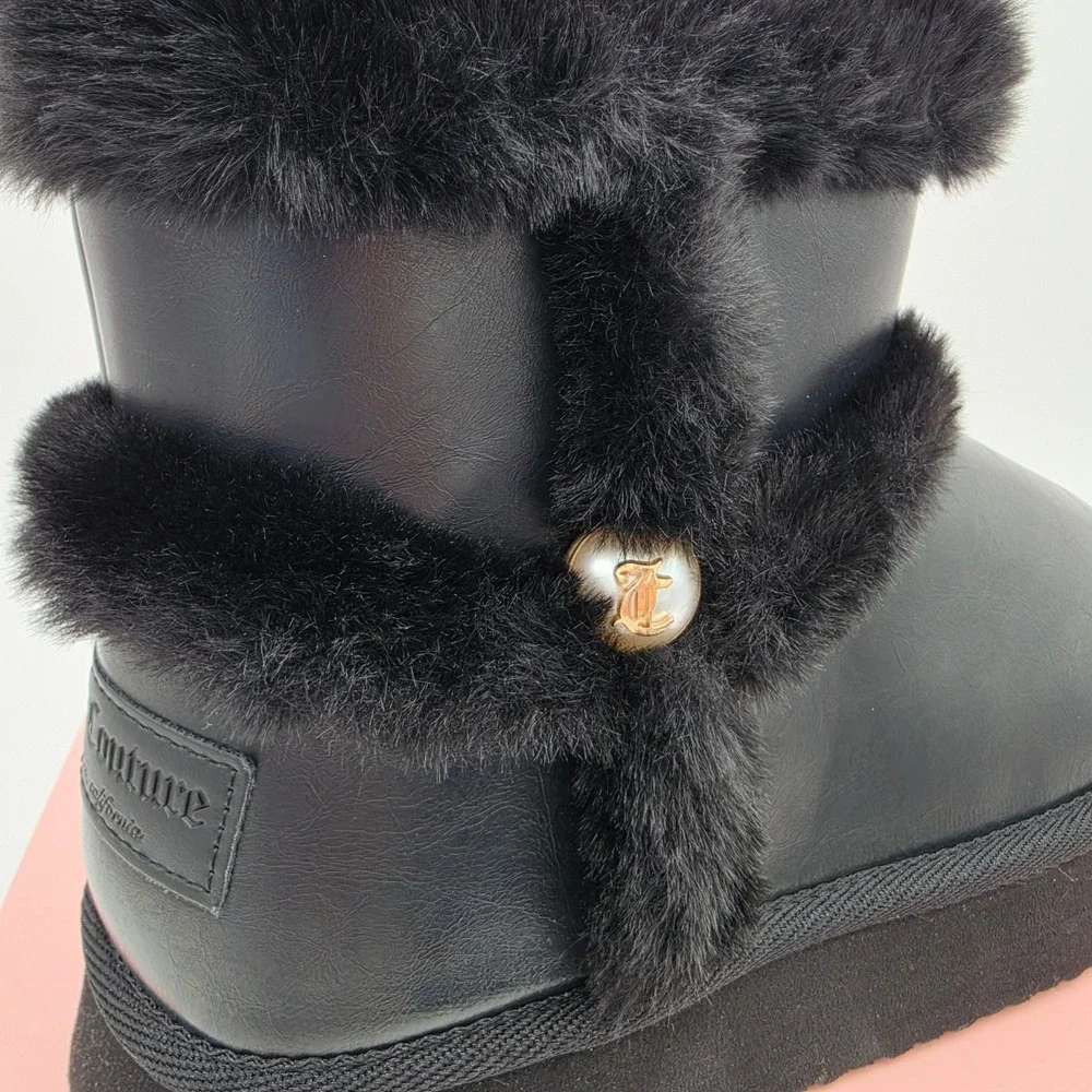 Juicy Couture Ocarina Black Faux Leather Faux Fur Platform Ankle Boots 6 NEW